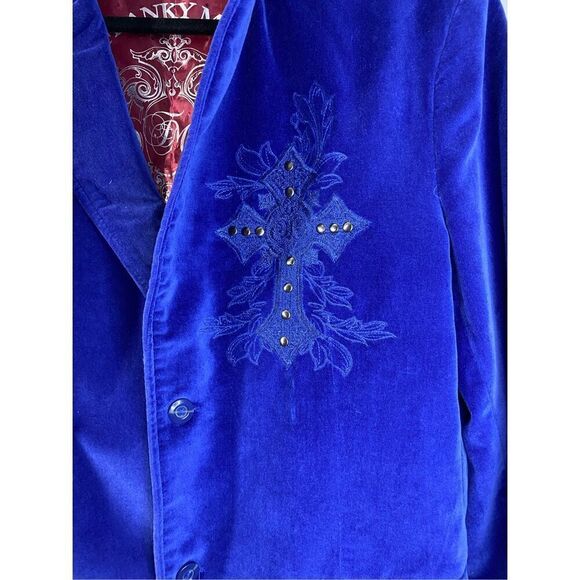 Large, Franky Max unique, unisex blue velour, cross embroidered blazer/jacket. - Picture 2 of 14